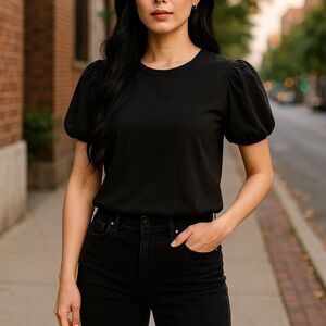 Tahari Women's Black Puff Sleeve Crew Neck Blouse Size M Casual